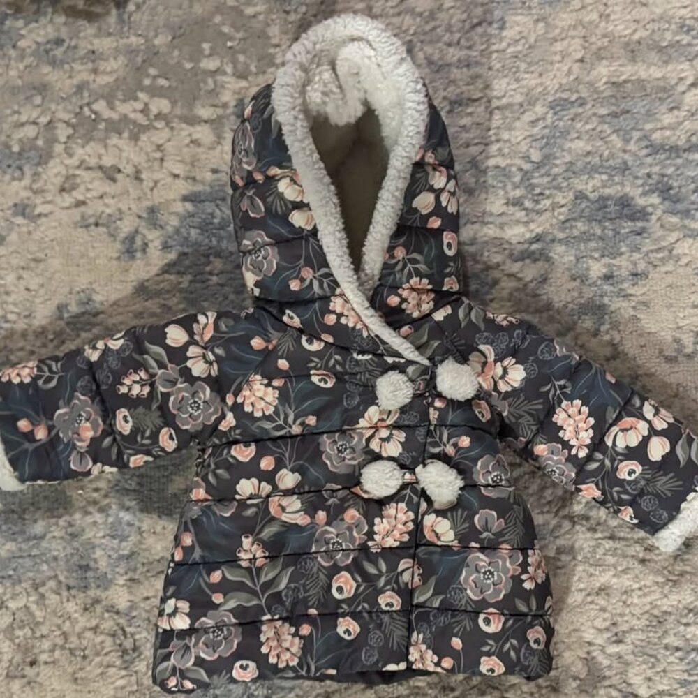 Matalan Floral Sherpa Puffer Coat 3 to 6M Pom Pom Toggle
